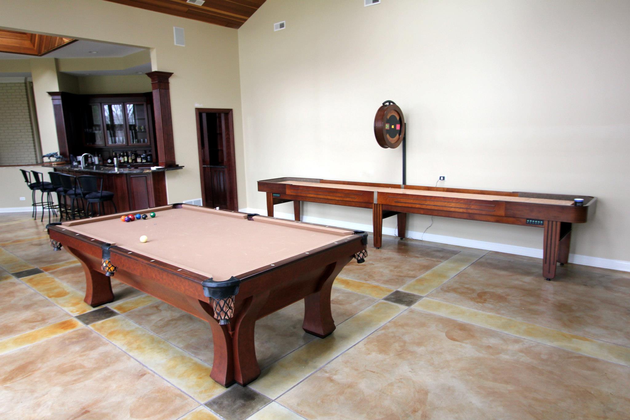 Gameroom Shot Antique Brunswick Arcadia Pool Table and McClure Handcrafted Shuffleboard